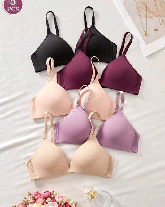 5 piezas Sujetador cómodo y sexy para mujer de copa blanda inalámbrica, unicolor y suaves